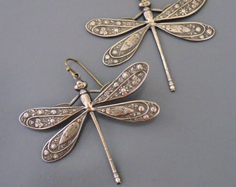 Vintage Brass Dragonfly Earrings: Art Deco Statement Jewelry