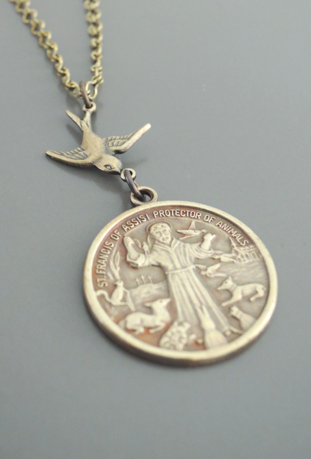 Vintage Jewelry - Vintage Necklace - Saint Francis necklace - Brass Necklace - Religious jewelry - Catholic necklace - handmade jewelry