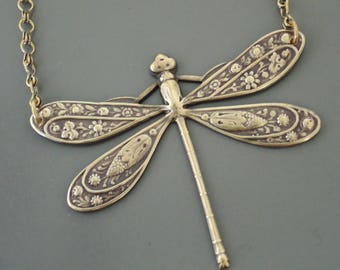 Vintage Art Deco Brass Dragonfly Necklace: Handmade Pendant