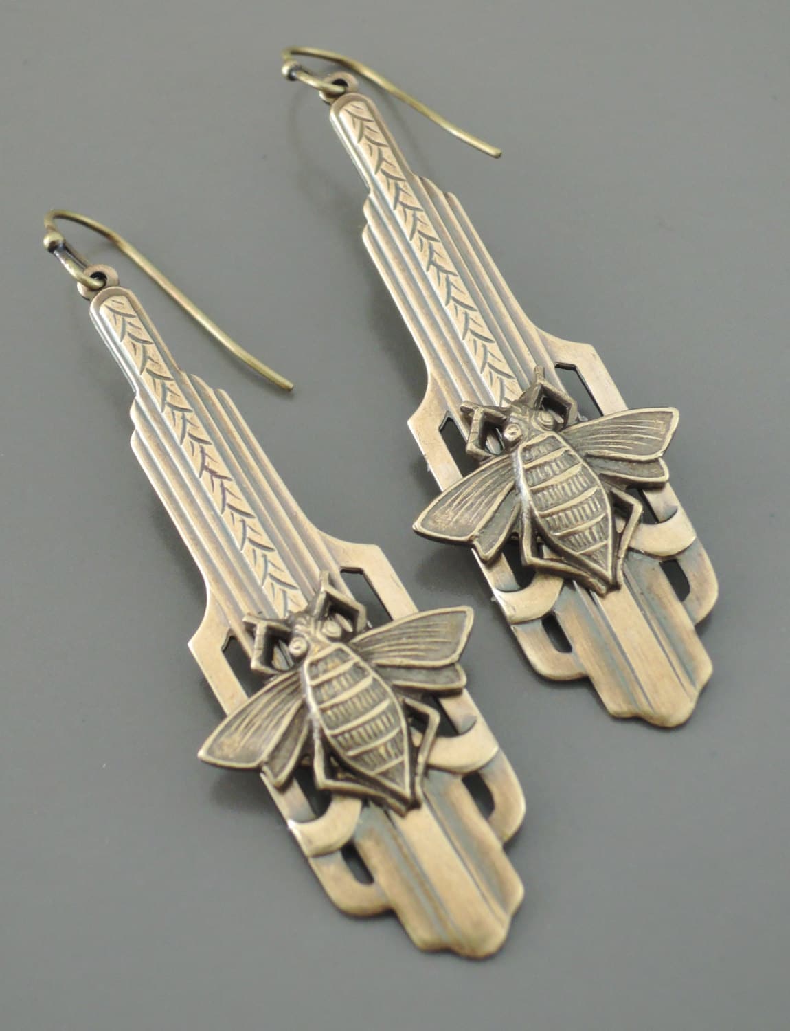 Vintage Jewelry - Art Deco Earrings - Brass Bee Earrings-  Vintage Ea…