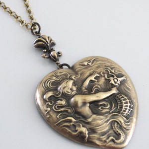 Vintage Brass Mermaid Heart Necklace - Fantasy Jewelry