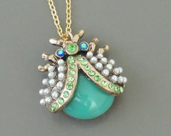 Vintage Jewelry - Vintage Necklace - Ladybug Necklace - Turquoise Necklace - Gold Necklace - Rhinestone Necklace -Chloes Vintage Jewelry