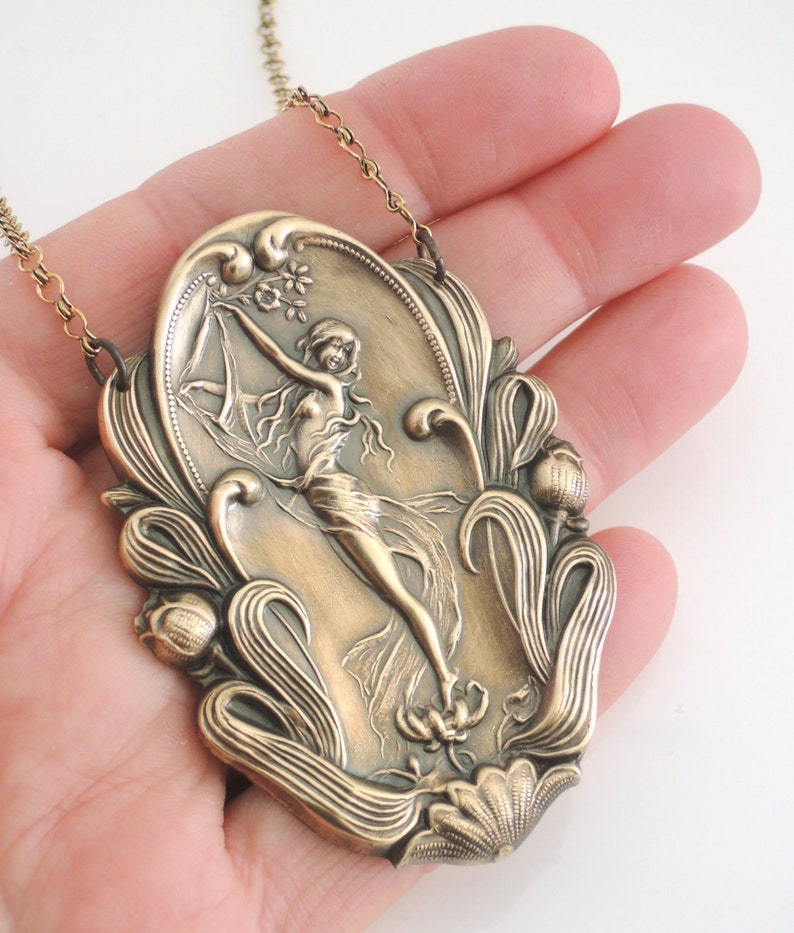 Vintage Jewelry Art Nouveau Necklace Statement Necklace Vintage Necklace Brass Necklace Goddess Necklace handmade jewelry image 3