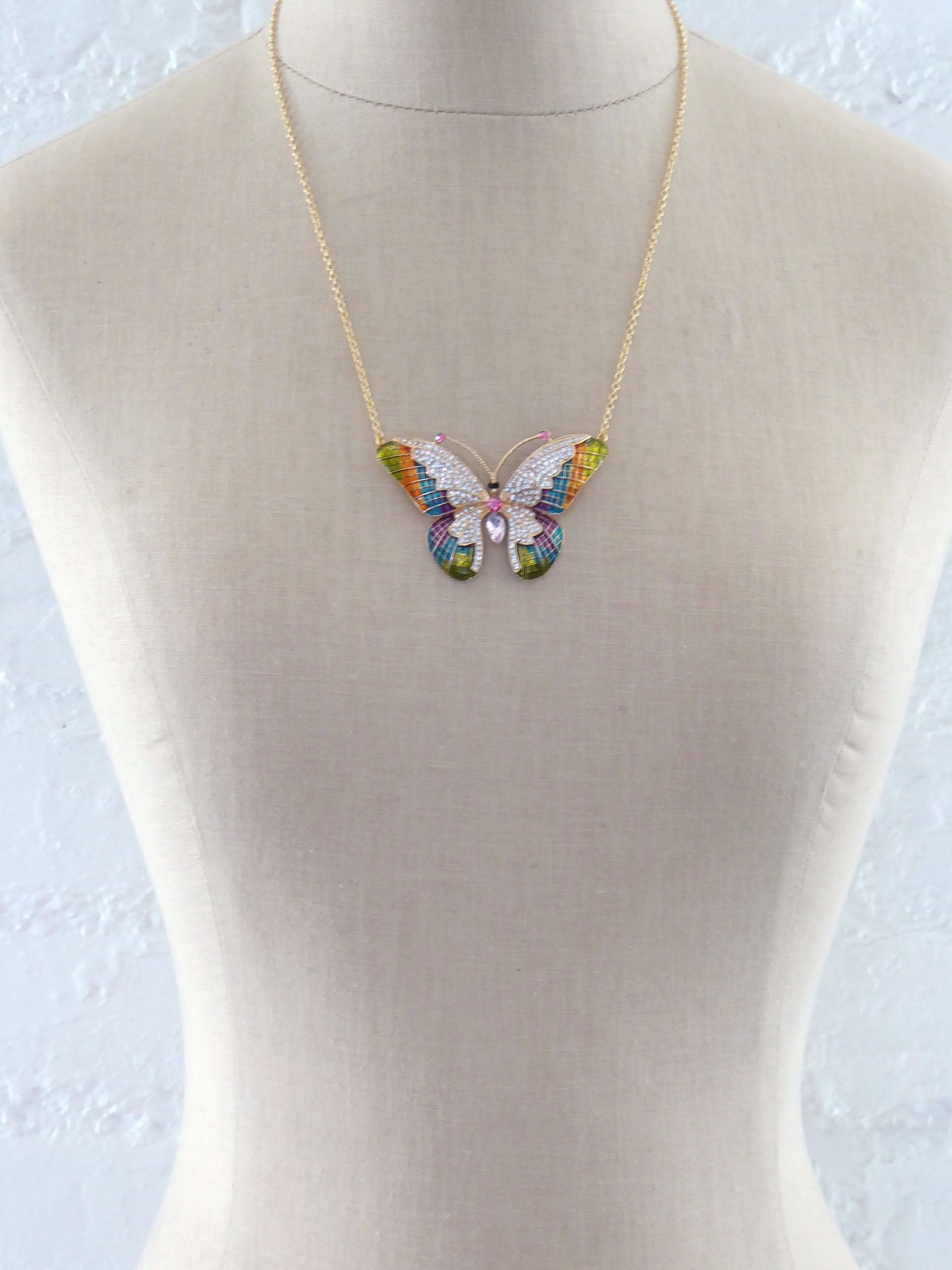 Statement Necklace - Vintage Inspired Necklace - Butterfly Necklace - Gold Necklace - Colorful Necklace - Crystal Necklace