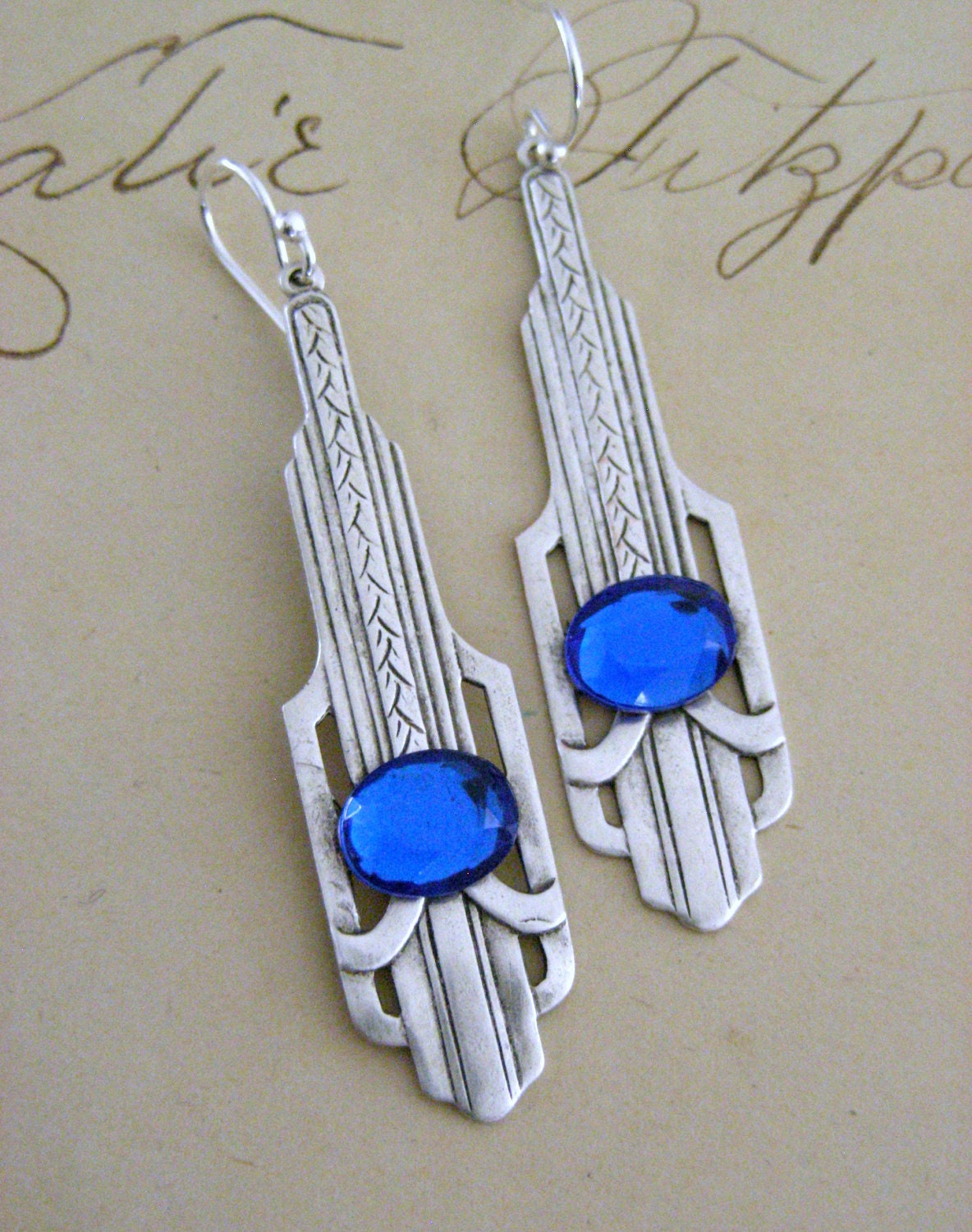 Silver Earrings Art Deco Earrings Sapphire Earrings - Etsy