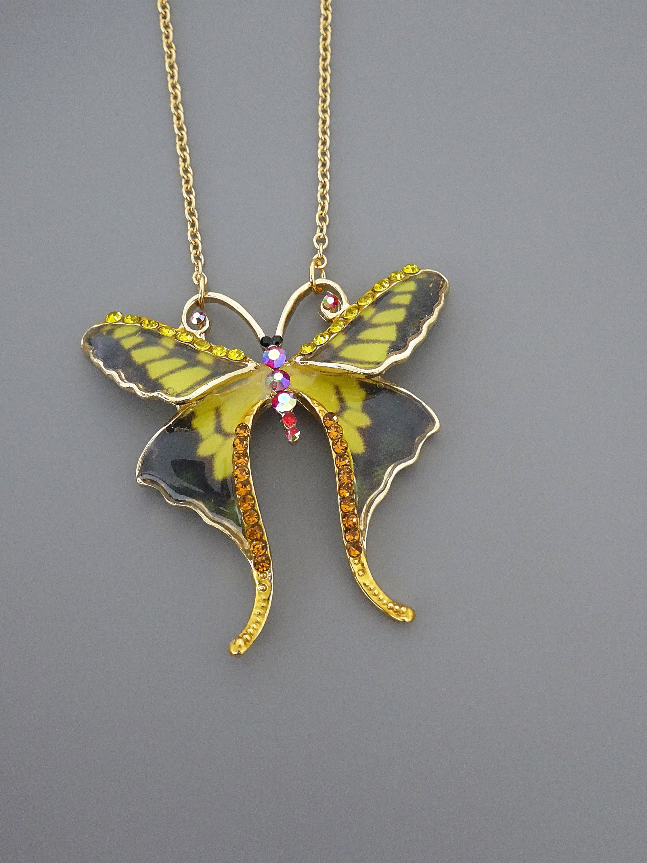 Collier Pendentif Papillon Vintage émail Cloisonné Couleur Or - Réf. 4807 - Occasion