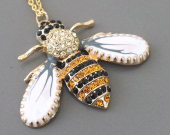 Bee Necklace - Gold Necklace - Vintage Inspired Necklace - Yellow Black Necklace - Crystal Necklace - Chloes  Vintage Jewelry - Handmade