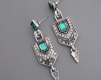 Vintage Art Deco Silver Earrings: Emerald Green Crystal Studs, Bridal Jewelry