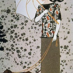 May include: A woman in a floral dress and a large black hat walks with two brown dachshunds on leashes. She holds a white parasol over her head. The background is a light gray with a floral pattern.