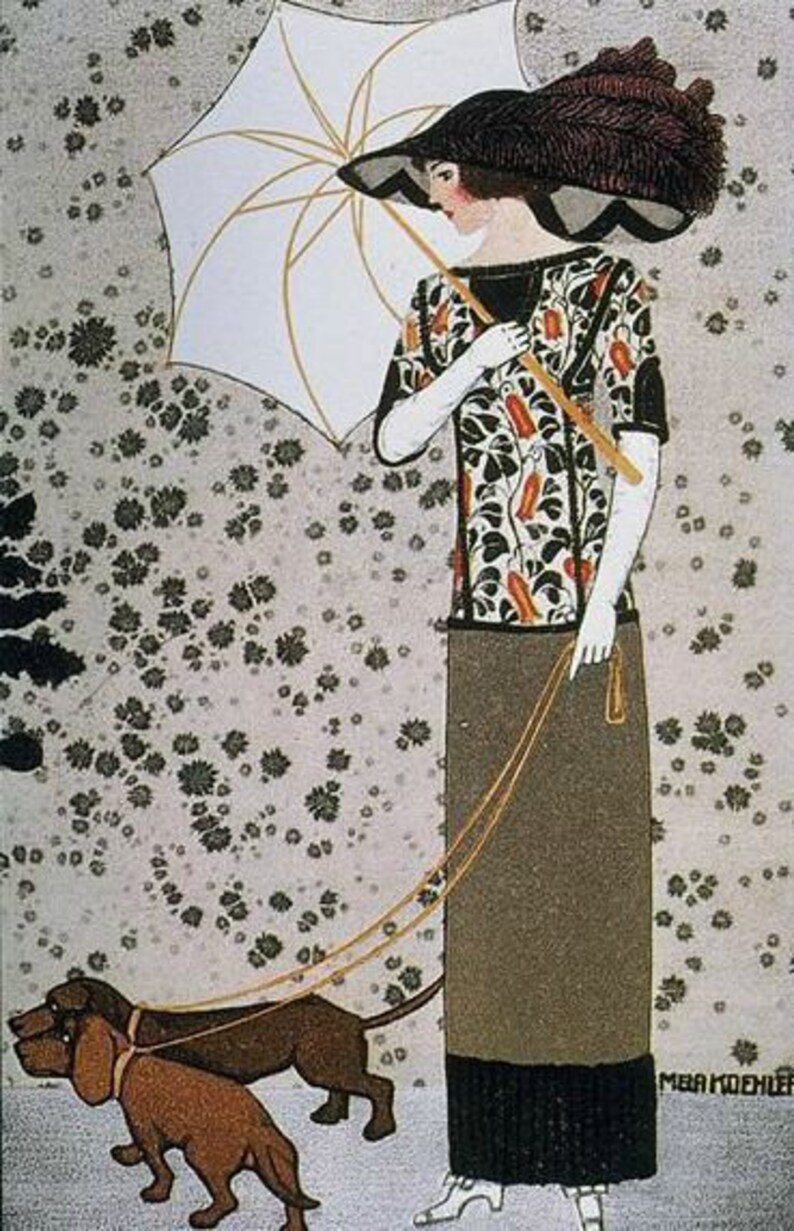 May include: A woman in a floral dress and a large black hat walks with two brown dachshunds on leashes. She holds a white parasol over her head. The background is a light gray with a floral pattern.