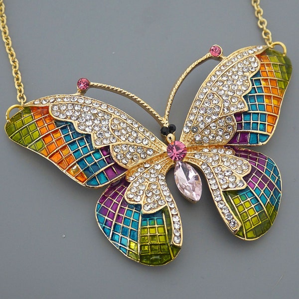 Bijoux vintage - Collier déclaration - Collier inspiré vintage - Collier papillon - Collier en or - Collier coloré Collier en cristal