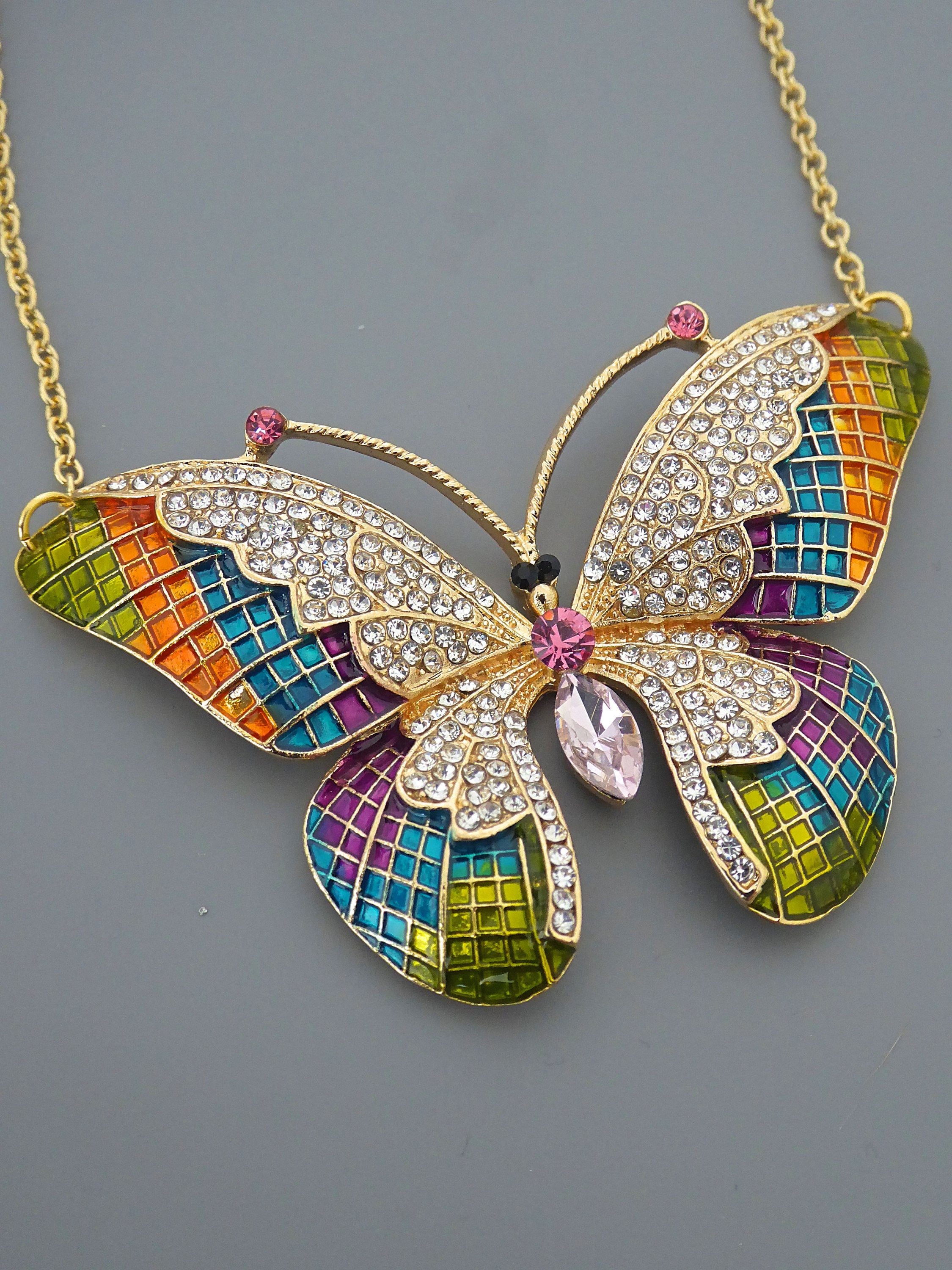 Statement Necklace - Vintage Inspired Necklace - Butterfly Necklace - Gold Necklace - Colorful Necklace - Crystal Necklace