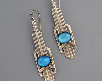 Vintage Jewelry - Vintage Earrings - Art Deco Earrings - Blue Opal Glass Earrings - Brass Earrings - Chloe's Vintage handmade jewelry