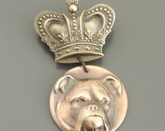 Vintage Brass Bulldog Brooch: Crowned Dog Pin