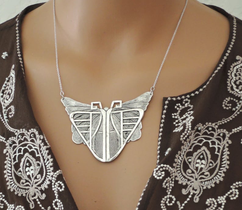 Vintage Jewelry SILVER Necklace Vintage Inspired Art Deco Necklace Butterfly Necklace Statement Necklace Chloes handmade jewelry image 2