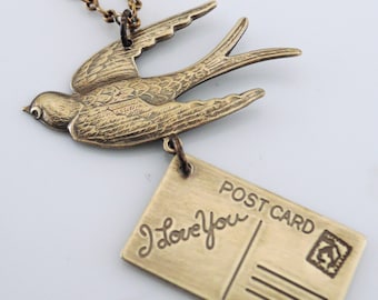 Vintage Jewelry - Vintage Necklace - Love Letter Necklace - Bird Necklace - Vintage Brass Necklace - handmade jewelry