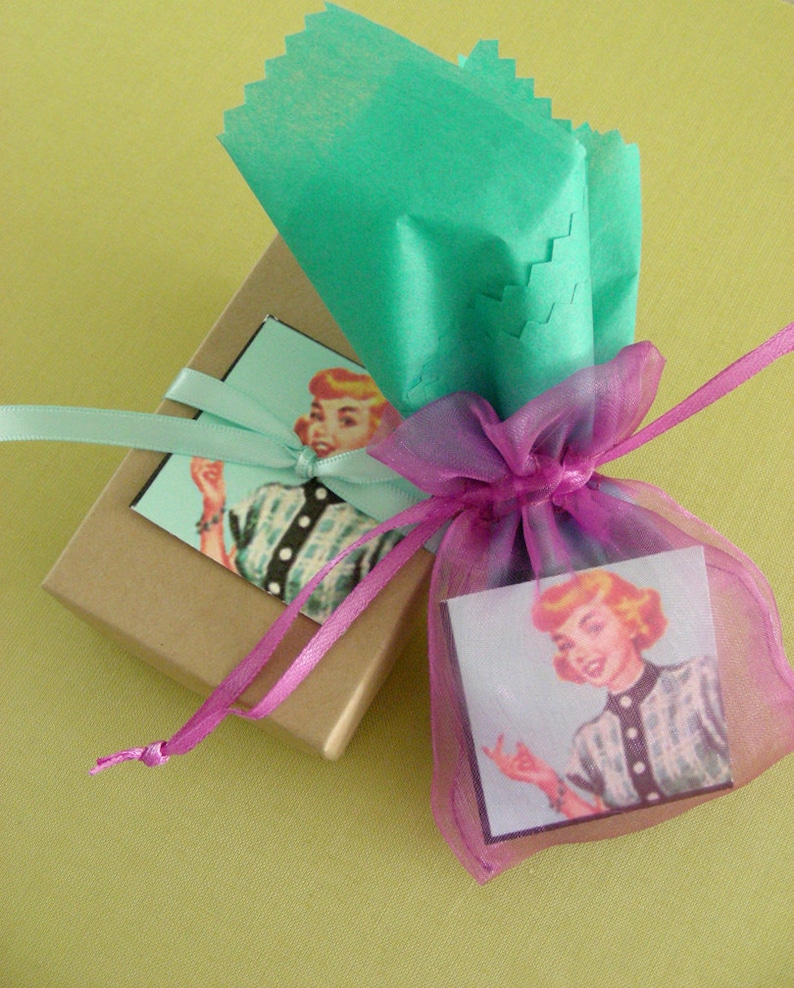 Peut inclure: Une bo&icirc;te cadeau envelopp&eacute;e de papier brun avec un ruban rose et une illustration vintage d'une femme sur le devant. La bo&icirc;te est attach&eacute;e avec un ruban rose et repose sur une surface verte.