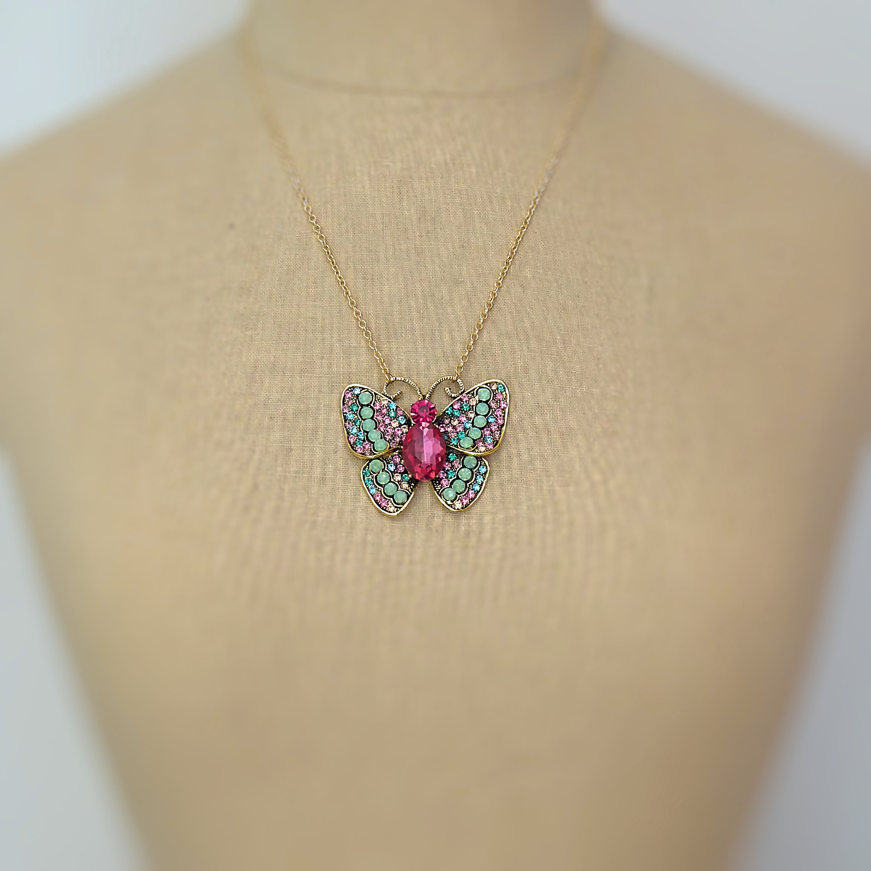 Statement Necklace - Crystal Necklace - Pink Crystal Butterfly - Gold Necklace- Colorful Necklace - Insect Jewelry