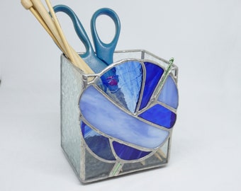 Stained Glass box, Knitting Needle Vase, Stained Glass, cobalt blue glass, blue ombre yarn, fiber tool storage, gift for knitter, knit glass