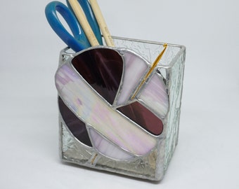 Stained Glass box, Knitting Needle Vase, Stained Glass, plum purple glass, plum ombre yarn, fiber tool storage, gift for knitter, knit glass