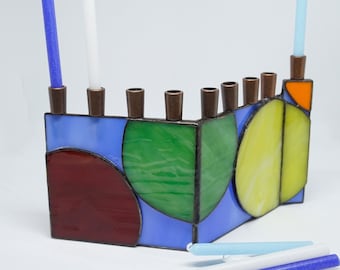 Stained Glass Chanukah Menorah, Hanukiah, Hanukkah Menorah, Primary Color Menorah, Jewish Holiday, Judaica, Colorful menorah, geometric