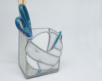 Stained Glass box, Knitting Needle Vase, Stained Glass, white stained glass, white yarn, fiber tool storage, gift for knitter, knit glass