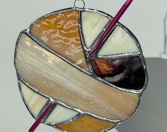 Stained Glass Ball of Yarn Sun Catcher with Crochet Hook: Natural brown fiber