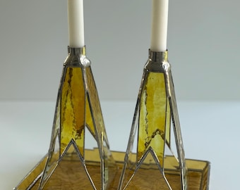 Sunshine yellow Stained Glass Candle Sticks, Shabbat candle holder with tray, wedding gift, Bat Mitzvah gift, Shabbat candle, Judaica