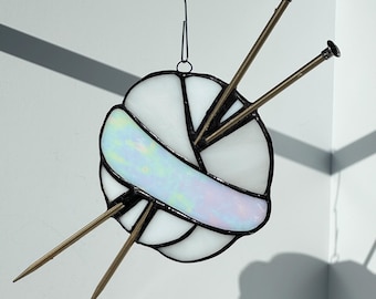 Stained Glass Yarn Ball Sun catcher: White Knitting Needle Fiber Art