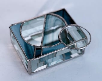 Geometric Stained Glass Box: Denim Blue, Mirrored Base