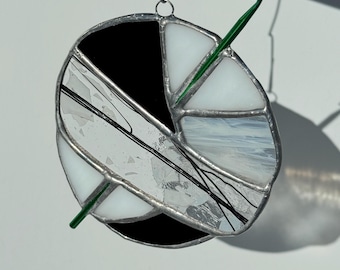 Stained Glass Ball of Yarn Sun Catcher with Crochet Hook: gift for fiber artist