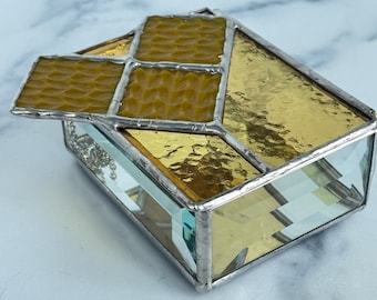 Yellow Entrelac Stained Glass Knit-inspired Jewelry box: knit stitches, gift for knitter