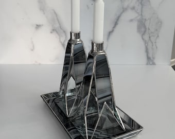 Stained Glass Shabbat Candle set: Black white and clear Judaica gift