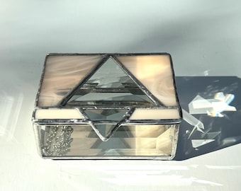 Peach Stained Glass Trinket Box: Beveled Triangle Lid, Mirrored Base