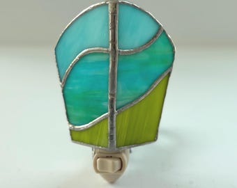 Aqua and Lime green Stained Glass Night Light, baby gift, housewarming gift, blue green glass, mint green stained glass, sky blue glass