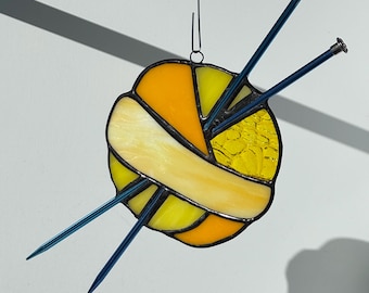 Stained Glass Ball of Yarn Sun Catcher: Orange and yellow gift for knitter