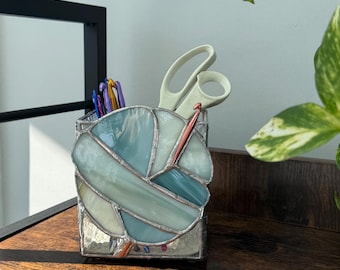 Stained Glass Crochet Needle box: Storage Vase with Turquoise, teal and tan yarn