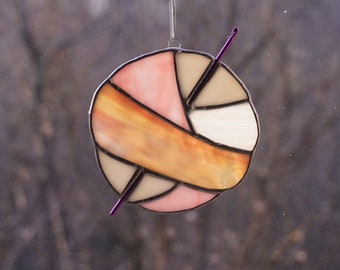 Stained Glass Ball of Yarn, Yarn Balls, Stained Glass Sun Catcher, Crochet sun catcher, pink natural yarn, pink yarn, fiber art