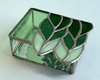 Stained glass box knit stitch box, green ombre glass, knit inspired stained glass, bright green box, knit stitches, gift for fiber artist