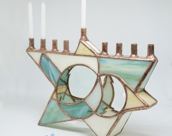 Stained Glass Chanukah Menorah, Star of David, Judaica, beach tone stained glass, teal glass, Hanukkah Menorah, glass art, wedding gift