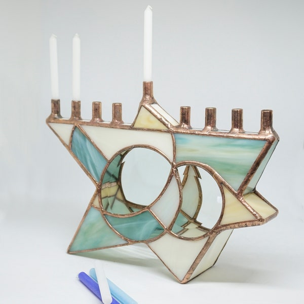 Stained Glass Chanukah Menorah, Star of David, Judaica, beach tone stained glass, teal glass, Hanukkah Menorah, glass art, wedding gift