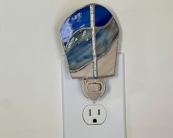 Blue Beige Stained Glass Night Light: Ombre Wave Design