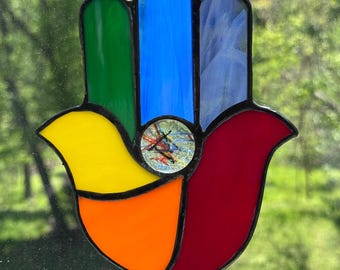 Rainbow Stained Glass Hamsa Suncatcher: Good Luck Amulet, Evil Eye Protection