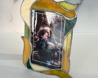 Earthy green and warm brown Stained Glass Picture Frame: Handcrafted 4x6 Photo Frame