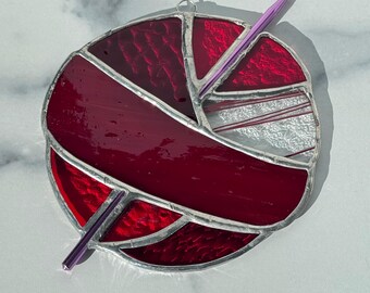 Red Stained Glass Yarn Ball Suncatcher: Crochet Hook Fiber Art