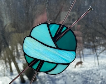 Stained Glass Ball of Yarn Sun Catcher: Turquoise gift for knitter or fiber lover