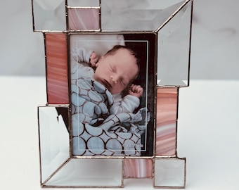 Handcrafted Stained Glass Picture Frame: Pink Orange Glass, 4x6 Photo