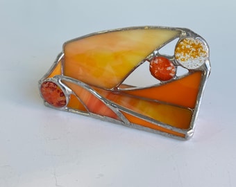 Red, Orange and Yellow Stained Glass Business Card Holder: Handmade Desk Accessory