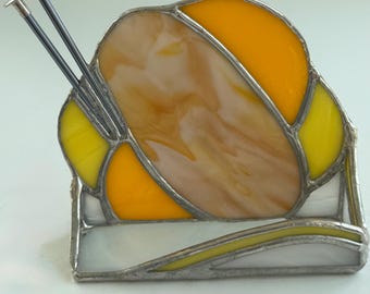 Orange ball of yarn Business Card Holder, gift for a knitter, orange stained glass, desk accessory for fiber lover, stained glass gift