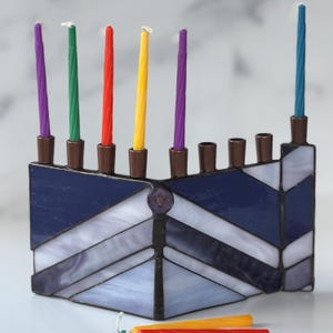 Hanukkah Menorah, Chanukah Menorah, Judaica, Chevron, Zig Zag, Stained Glass Hanukkah Menorah, Kosher Menorah, purple menorah, Candle Holder